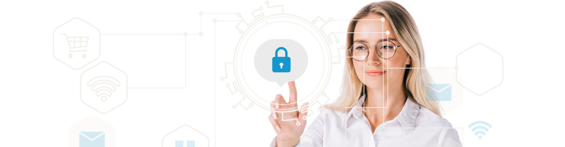 portrait of smiling woman in formal wear pointing at cyber security sign